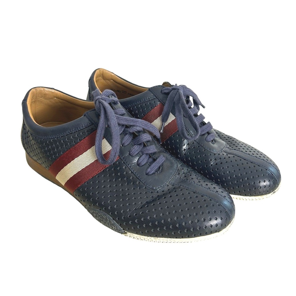Bally Freenew-FO Perforated Leather Sneakers Mens 8D Navy Stripe Luxury bowling